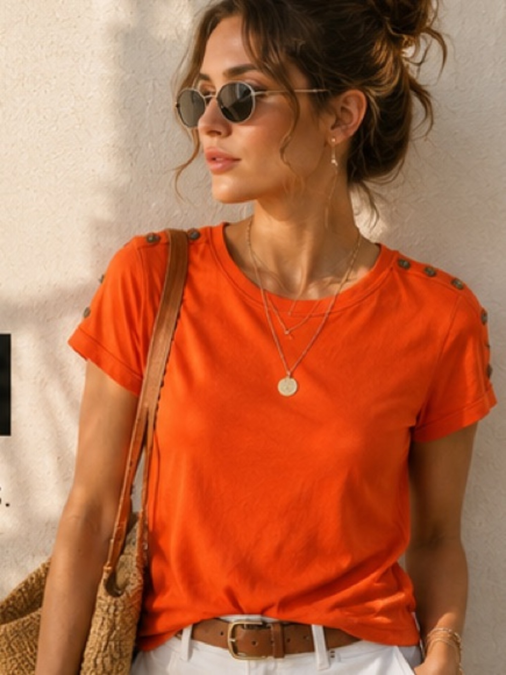 Lauren Ralph Lauren Orange Cotton Button Shoulder Tee Women’s Medium Preppy - Picture 7 of 7